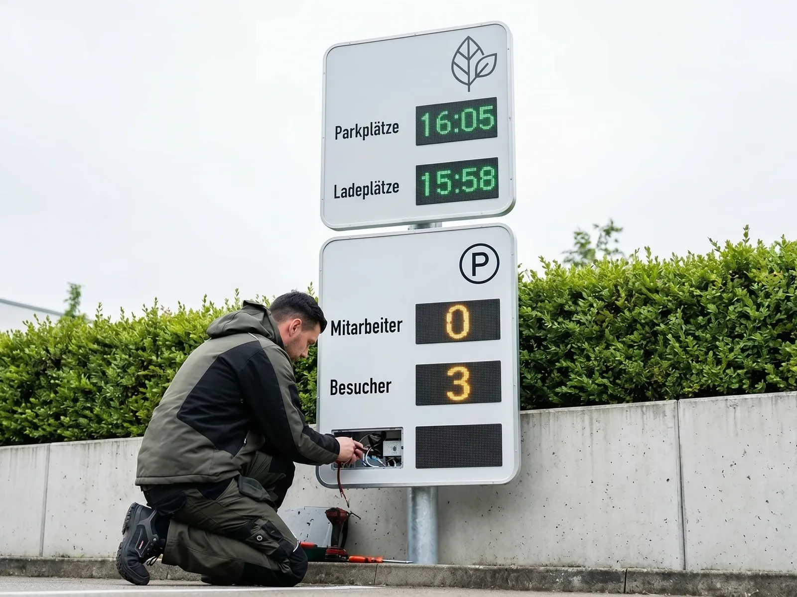 LED-Parkleitanzeige im Außenbereich bei Service und Wartung